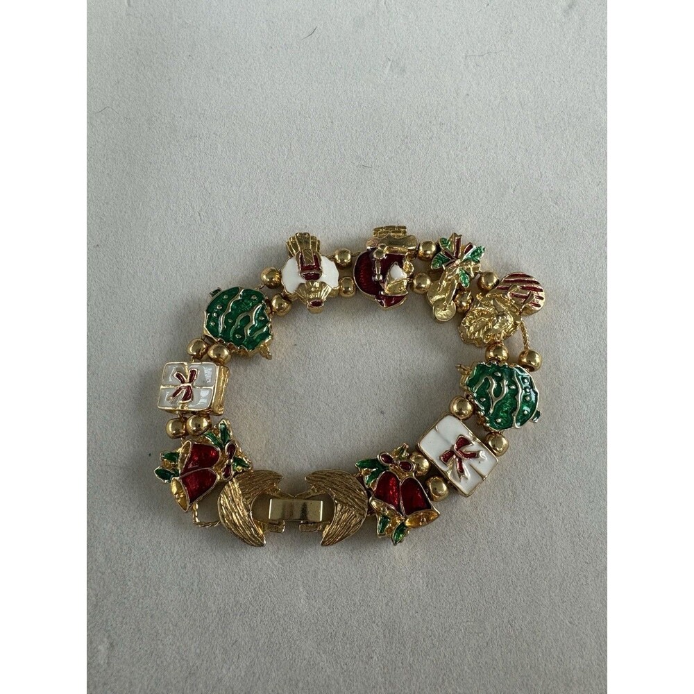 Vintage Tofa Christmas Slider Charm Bracelet Gold Tone Enamel Santa Snowman Bell